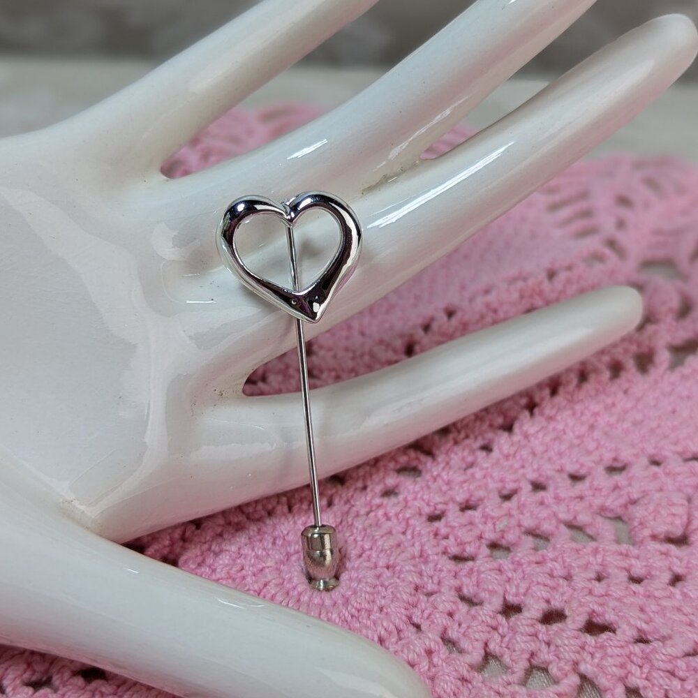 Vintage Open Heart Stick Pin Stickpin Silver Metal - Picture 10 of 10